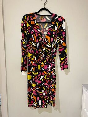 Anne Klein Multicolor Abstract Wrap Dress in Black, Pink, Yellow & Orange